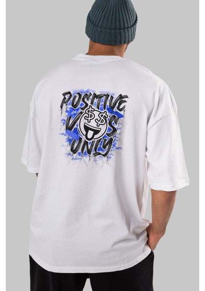 Positive Only Arka Baskılı Beyaz Oversize T-Shirt Erkek Kadın Bisiklet Yaka