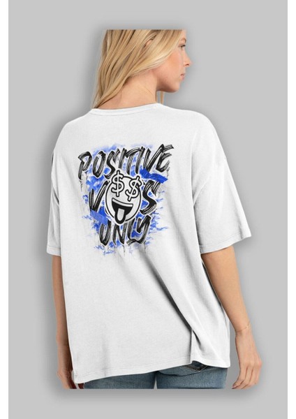 Positive Only Arka Baskılı Beyaz Oversize T-Shirt Erkek Kadın Bisiklet Yaka fiyatları