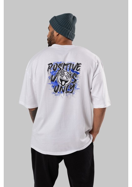 Positive Only Arka Baskılı Beyaz Oversize T-Shirt Erkek Kadın Bisiklet Yaka modelleri