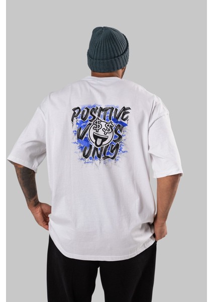 Positive Only Arka Baskılı Beyaz Oversize T-Shirt Erkek Kadın Bisiklet Yaka fırsatları