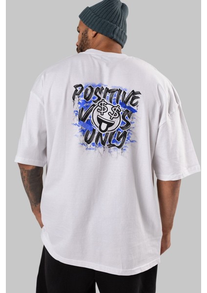 Positive Only Arka Baskılı Beyaz Oversize T-Shirt Erkek Kadın Bisiklet Yaka indirimleri