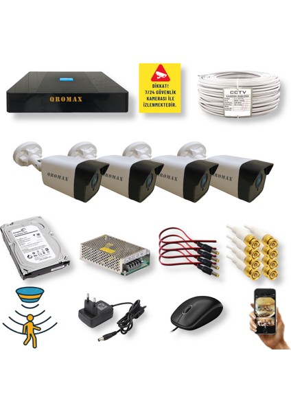 4 Kameralı Set - Hareket Algılayan Gece Görüşlü 5 MP Sony Lensli FullHD Güvenlik Kamerası Seti 5136-9004