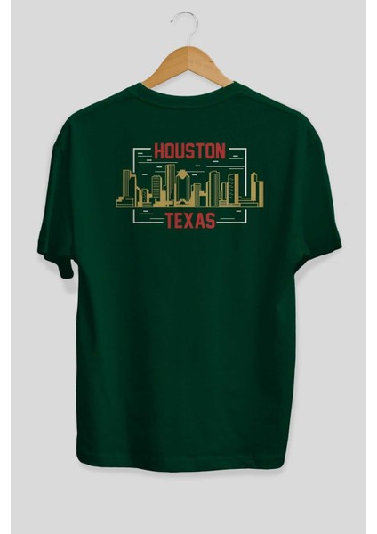 Houston Arka Baskılı Zümrüt Yeşili Oversize T-Shirt Unisex Erkek Kadın Bisiklet Yaka fiyatları