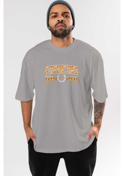 Adventure Ön Baskılı Gri Oversize T-Shirt Unisex Erkek Kadın Bisiklet Yaka