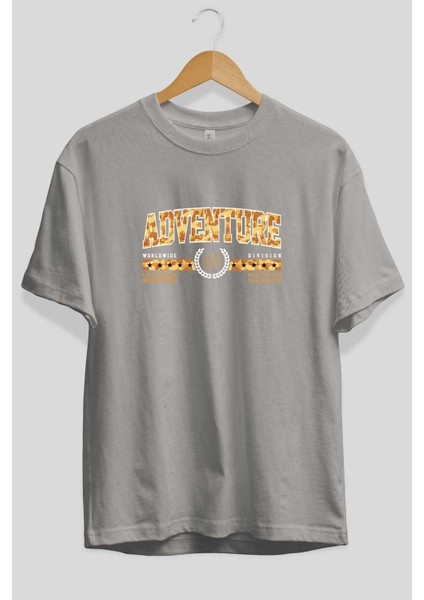 Adventure Ön Baskılı Gri Oversize T-Shirt Unisex Erkek Kadın Bisiklet Yaka fiyatları