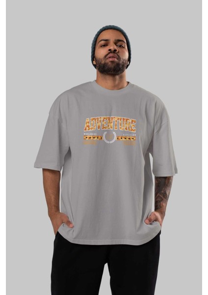 Adventure Ön Baskılı Gri Oversize T-Shirt Unisex Erkek Kadın Bisiklet Yaka indirimleri