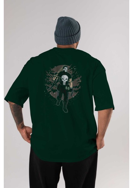 Punisher Arka Baskılı Zümrüt Yeşili Oversize T-Shirt Erkek Kadın Bisiklet Yaka