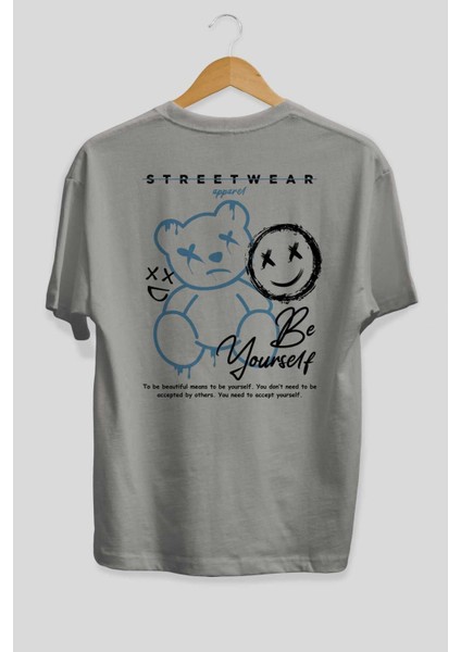 Be Yourself Bear Arka Baskılı Gri Oversize T-Shirt Unisex Erkek Kadın Bisiklet Yaka fiyatları