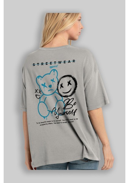 Be Yourself Bear Arka Baskılı Gri Oversize T-Shirt Unisex Erkek Kadın Bisiklet Yaka modelleri