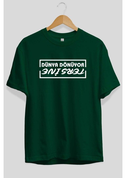 Dünya Dönüyor Tersine Ön Baskılı Zümrüt Yeşili Oversize T-Shirt Erkek Kadın Bisiklet Yaka