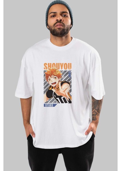 Shouyou Hinata 9 Anime Ön Baskılı Beyaz Oversize T-Shirt Erkek Kadın