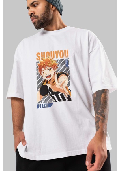 Shouyou Hinata 9 Anime Ön Baskılı Beyaz Oversize T-Shirt Erkek Kadın modelleri