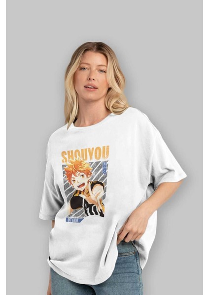 Shouyou Hinata 9 Anime Ön Baskılı Beyaz Oversize T-Shirt Erkek Kadın fırsatları