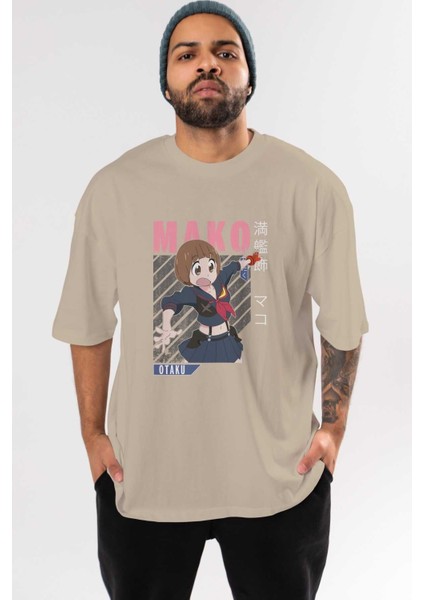 Mako Mankanshoku 2 Anime Ön Baskılı Bej Oversize T-Shirt Erkek Kadın