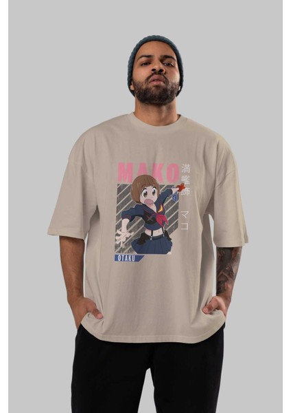 Mako Mankanshoku 2 Anime Ön Baskılı Bej Oversize T-Shirt Erkek Kadın fırsatları