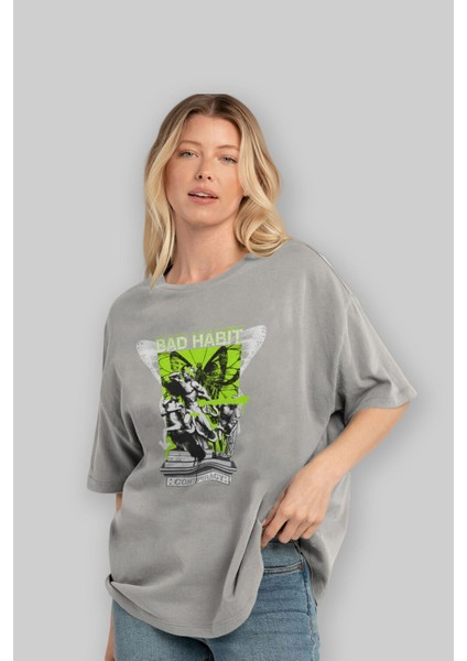 Bad Habit Ön Baskılı Gri Oversize T-Shirt Unisex Erkek Kadın Bisiklet Yaka fırsatları