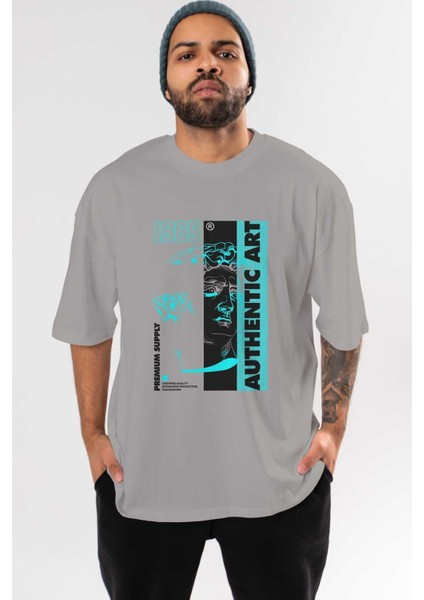 Authentic Art Ön Baskılı Gri Oversize T-Shirt Unisex Erkek Kadın Bisiklet Yaka
