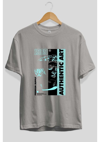 Authentic Art Ön Baskılı Gri Oversize T-Shirt Unisex Erkek Kadın Bisiklet Yaka fiyatları