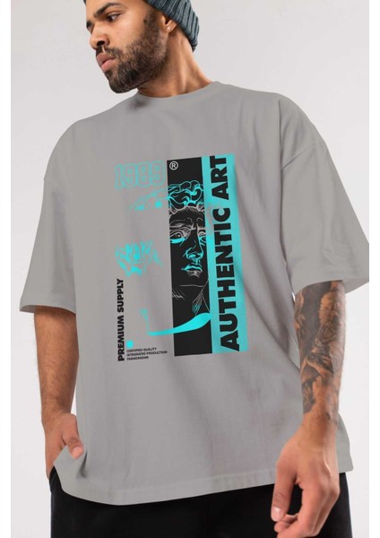 Authentic Art Ön Baskılı Gri Oversize T-Shirt Unisex Erkek Kadın Bisiklet Yaka modelleri