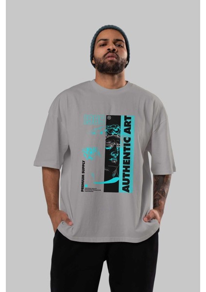 Authentic Art Ön Baskılı Gri Oversize T-Shirt Unisex Erkek Kadın Bisiklet Yaka indirimleri