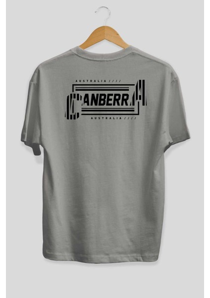 Canberra Arka Baskılı Gri Oversize T-Shirt Unisex Erkek Kadın Bisiklet Yaka fiyatları