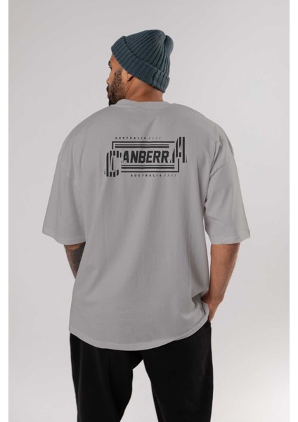 Canberra Arka Baskılı Gri Oversize T-Shirt Unisex Erkek Kadın Bisiklet Yaka fırsatları