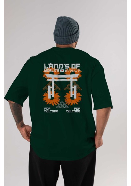 Land Of Worlds Pop Arka Baskılı Zümrüt Yeşili Oversize T-Shirt Unisex Erkek Kadın Bisiklet Yaka