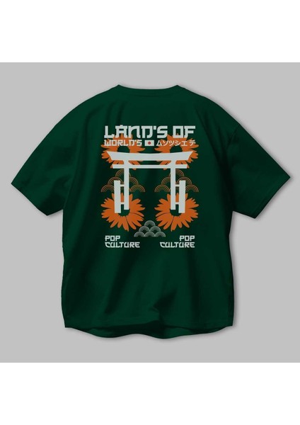 Land Of Worlds Pop Arka Baskılı Zümrüt Yeşili Oversize T-Shirt Unisex Erkek Kadın Bisiklet Yaka modelleri