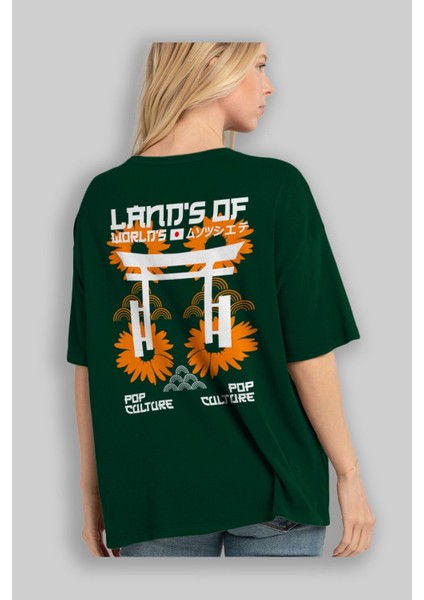 Land Of Worlds Pop Arka Baskılı Zümrüt Yeşili Oversize T-Shirt Unisex Erkek Kadın Bisiklet Yaka fırsatları