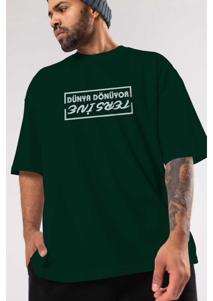 Dünya Dönüyor Tersine Ön Baskılı Zümrüt Yeşili Oversize T-Shirt Erkek Kadın Bisiklet Yaka