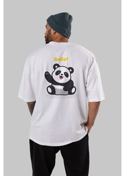 Hello Panda Arka Baskılı Beyaz Oversize T-Shirt Erkek Kadın Bisiklet Yaka