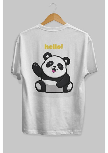 Hello Panda Arka Baskılı Beyaz Oversize T-Shirt Erkek Kadın Bisiklet Yaka fiyatları