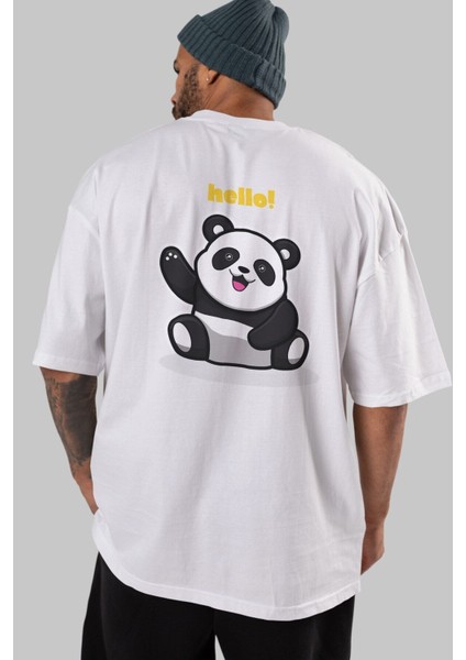 Hello Panda Arka Baskılı Beyaz Oversize T-Shirt Erkek Kadın Bisiklet Yaka modelleri