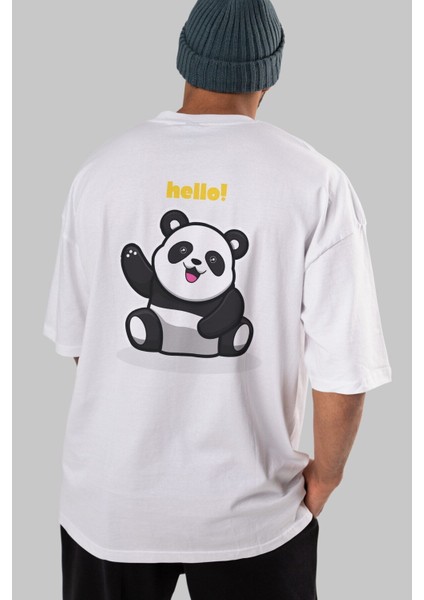 Hello Panda Arka Baskılı Beyaz Oversize T-Shirt Erkek Kadın Bisiklet Yaka indirimleri