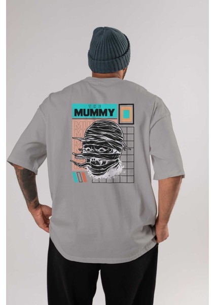The Mummy 2 Arka Baskılı Gri Oversize T-Shirt Unisex Erkek Kadın Bisiklet Yaka