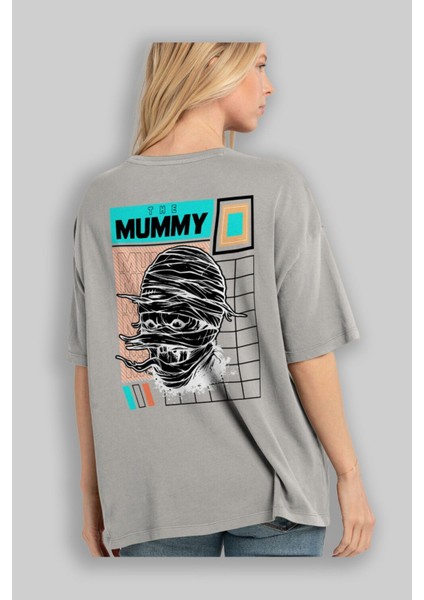 The Mummy 2 Arka Baskılı Gri Oversize T-Shirt Unisex Erkek Kadın Bisiklet Yaka modelleri