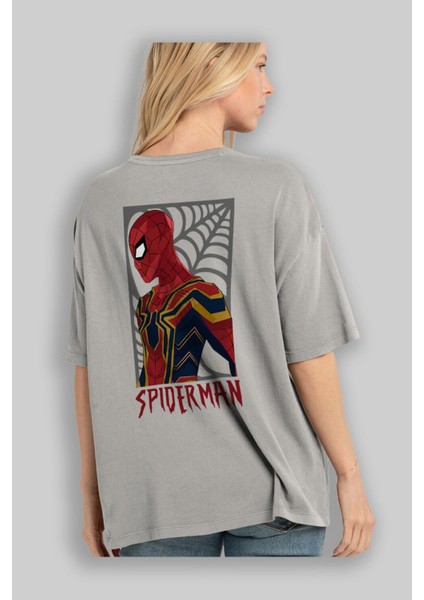 Spiderman (8) Arka Baskılı Gri Oversize T-Shirt Bisiklet Yaka Pamuk Erkek Kadın