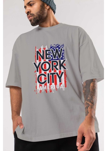 New York City 2 Ön Baskılı Gri Oversize T-Shirt Unisex Erkek Kadın Bisiklet Yaka