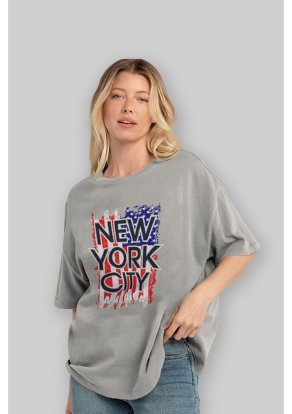 New York City 2 Ön Baskılı Gri Oversize T-Shirt Unisex Erkek Kadın Bisiklet Yaka