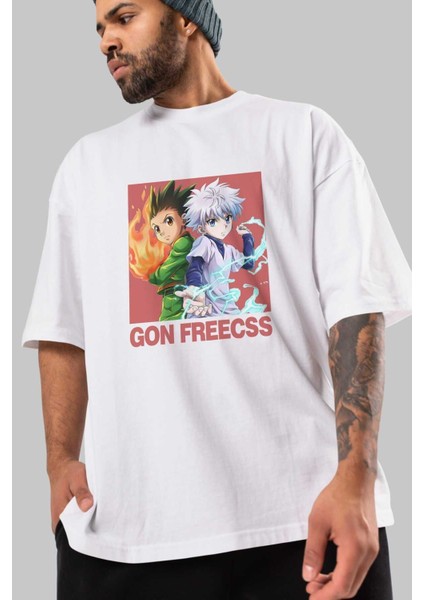 Gon Freecss Hunter x Hunter 4 Anime Ön Baskılı Beyaz Oversize T-Shirt Erkek Kadın modelleri