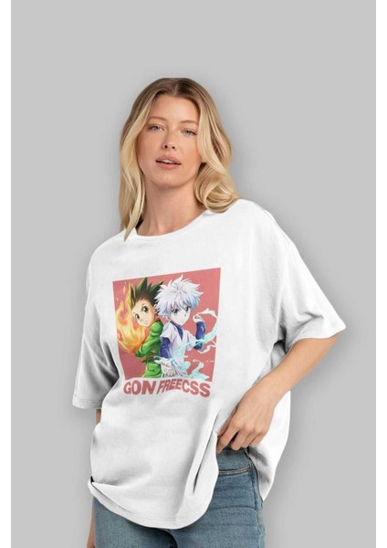 Gon Freecss Hunter x Hunter 4 Anime Ön Baskılı Beyaz Oversize T-Shirt Erkek Kadın fırsatları