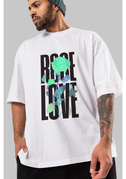 Rose Love Ön Baskılı Beyaz Oversize T-Shirt Erkek Kadın Bisiklet Yaka