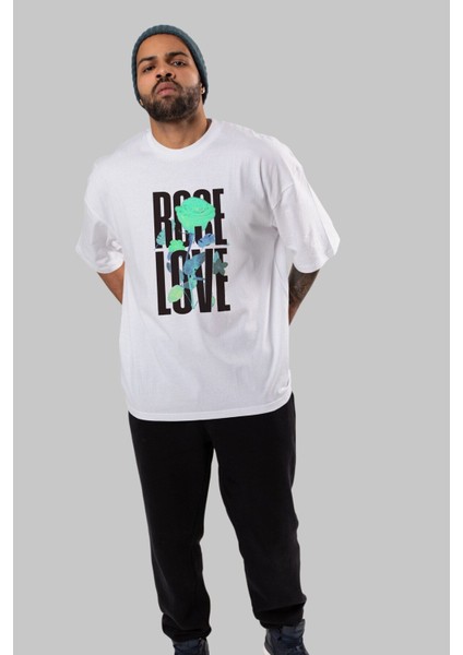 Rose Love Ön Baskılı Beyaz Oversize T-Shirt Erkek Kadın Bisiklet Yaka fiyatları