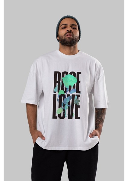 Rose Love Ön Baskılı Beyaz Oversize T-Shirt Erkek Kadın Bisiklet Yaka modelleri