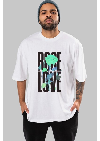 Rose Love Ön Baskılı Beyaz Oversize T-Shirt Erkek Kadın Bisiklet Yaka fırsatları
