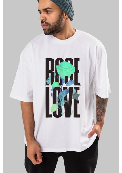 Rose Love Ön Baskılı Beyaz Oversize T-Shirt Erkek Kadın Bisiklet Yaka indirimleri