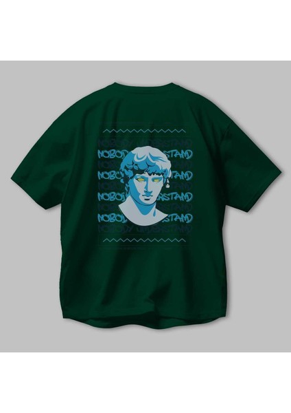 Nobody Understand Arka Baskılı Zümrüt Yeşili Oversize T-Shirt Unisex Erkek Kadın Bisiklet Yaka modelleri