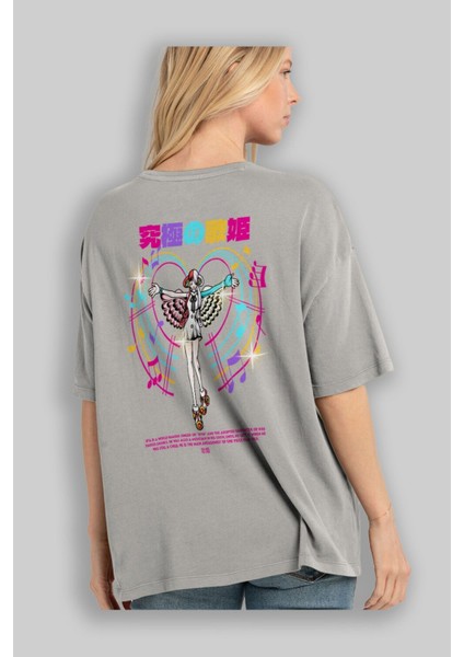 Uta Anime Arka Baskılı Gri Oversize T-Shirt %100 Pamuk Erkek Kadın modelleri