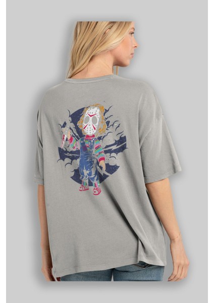 Chucky Arka Baskılı Gri Oversize T-Shirt Unisex Erkek Kadın Bisiklet Yaka modelleri