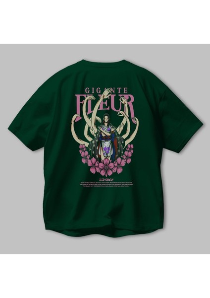 Gigante Fleur Anime Arka Baskılı Zümrüt Yeşili Oversize T-Shirt Pamuk Erkek Kadın modelleri